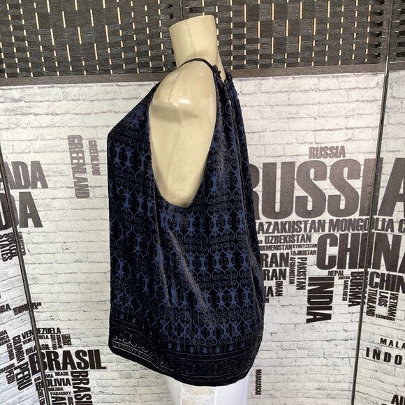 Max Studio XL Midnight Blue Flocked Geometric Print Lined High Neck Halter Top - Picture 4 of 5